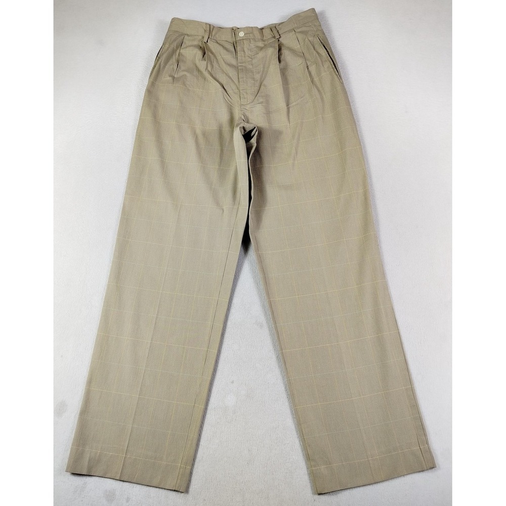 Vintange Perry‎ Ellis Pants Mens 38 Beige Plaid Pleated Office 90s Business